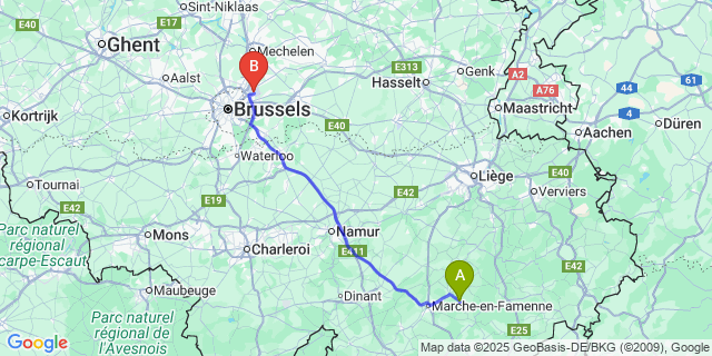 Map: Brussels Zaventem Airport (BRU) to Rendeux-Bas