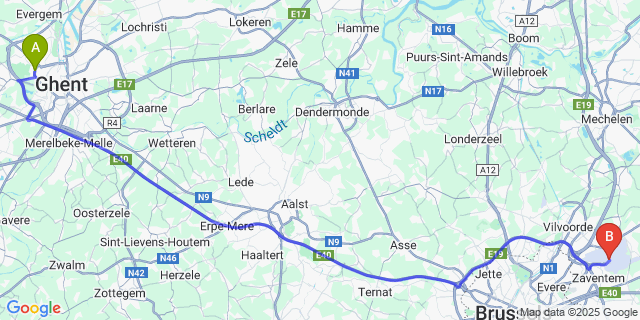 Map: Brussels Zaventem Airport (BRU) to Rooigem
