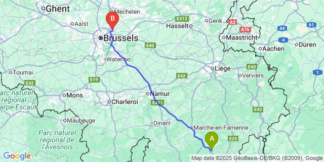 Map: Brussels Zaventem Airport (BRU) to Roumont-sur-Ourthe