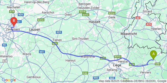 Map: Brussels Zaventem Airport (BRU) to Ruyff