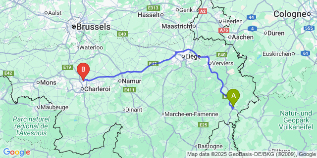 Map: Charleroi Airport Brussels South (CRL) to Sankt-Vith