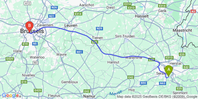 Map: Brussels Midi Train Station to Sart Tilman