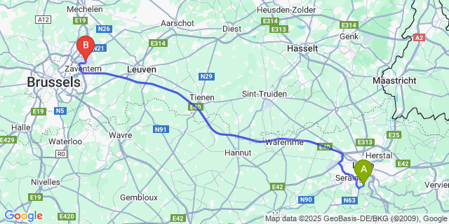 Map: Brussels Zaventem Airport (BRU) to Sart Tilman