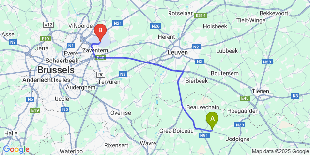 Map: Brussels Zaventem Airport (BRU) to Sart-Melin