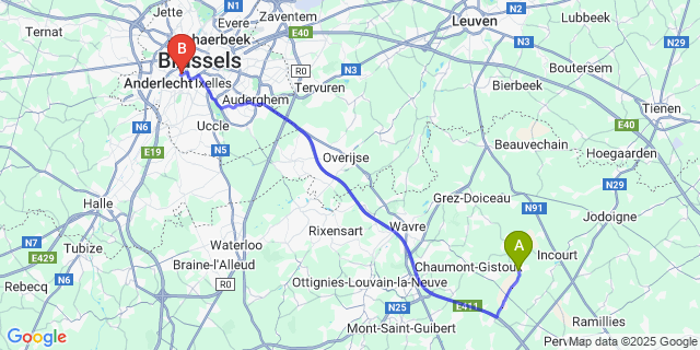 Map: Brussels Midi Train Station to Sart-Risbart