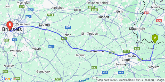 Map: Brussels Midi Train Station to Sinnich