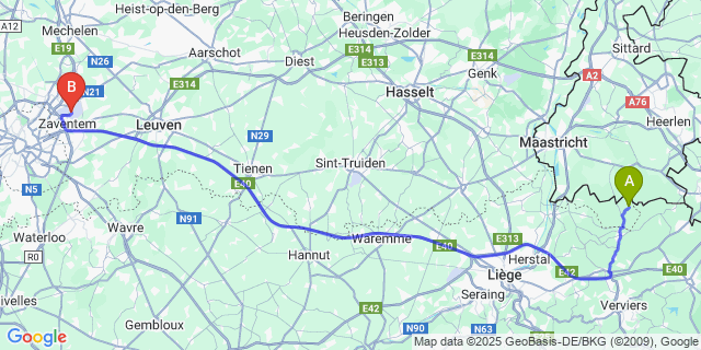 Map: Brussels Zaventem Airport (BRU) to Sinnich