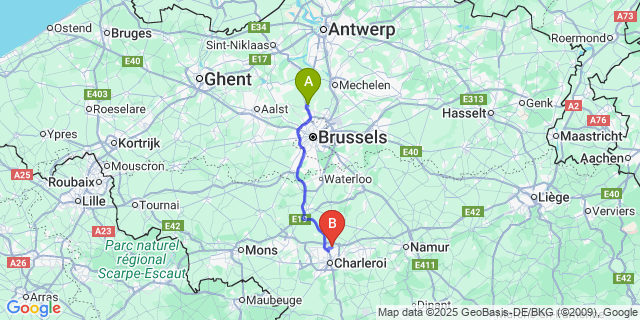 Map: Charleroi Airport Brussels South (CRL) to Sint-Brixius-Rode