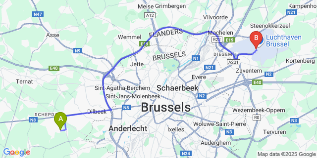 Map: Brussels Zaventem Airport (BRU) to Sint-Gertrudis-Pede