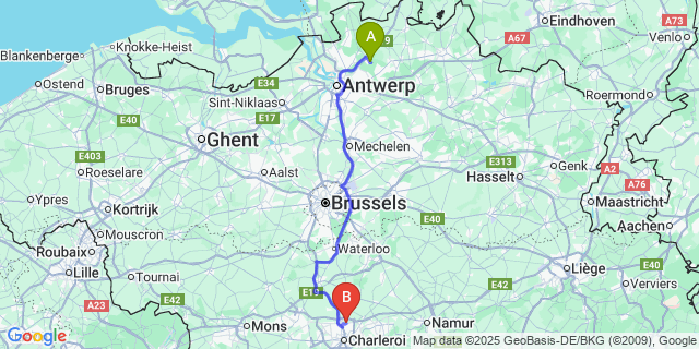 Map: Charleroi Airport Brussels South (CRL) to Sint-Job-in-’t-Goor