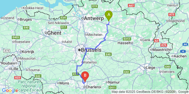 Map: Charleroi Airport Brussels South (CRL) to Sint-Jozef-Olen