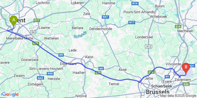 Map: Brussels Zaventem Airport (BRU) to Sint-Pieters-Aalst