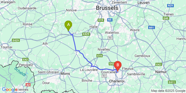 Map: Charleroi Airport Brussels South (CRL) to Sint-Pieters-Kapelle