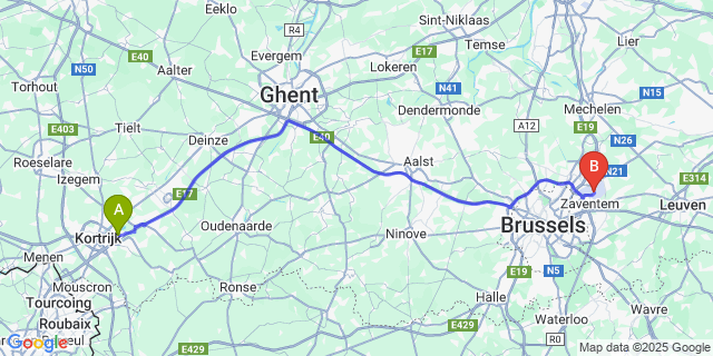 Map: Brussels Zaventem Airport (BRU) to Stasegem