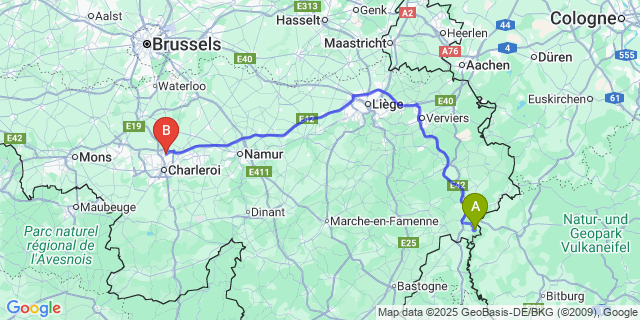 Map: Charleroi Airport Brussels South (CRL) to Steffeshausen