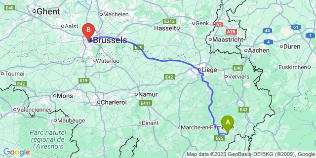 Map: Brussels Midi Train Station to Sterpigny
