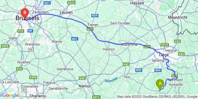 Map: Brussels Midi Train Station to Tabreux