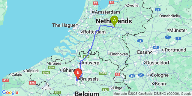 Map: Brussels Midi Train Station to Ten Ede