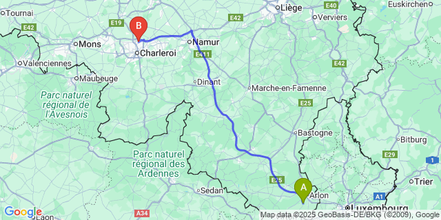 Map: Charleroi Airport Brussels South (CRL) to Udange
