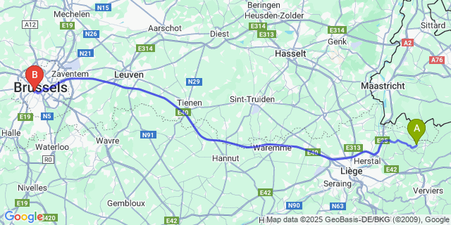 Map: Brussels Midi Train Station to Val-Dieu