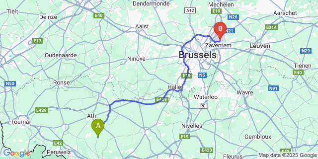 Map: Brussels Zaventem Airport (BRU) to Vaudignies