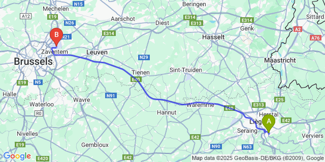 Map: Brussels Zaventem Airport (BRU) to Vaux-sous-Chevremont