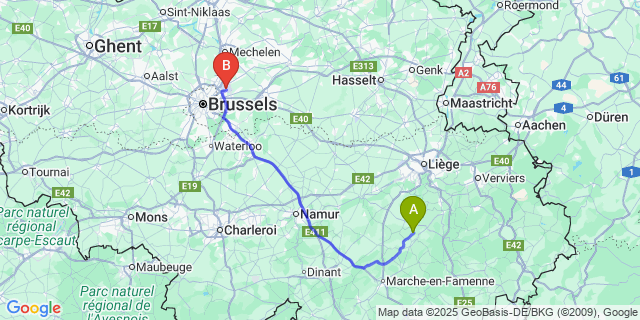Map: Brussels Zaventem Airport (BRU) to Verlaine-sur-Ourthe