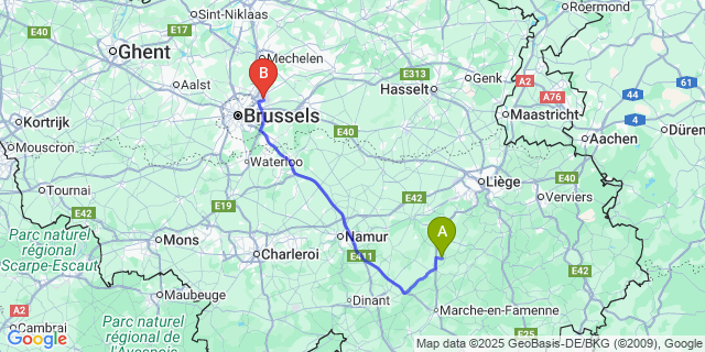 Map: Brussels Zaventem Airport (BRU) to Vervoz