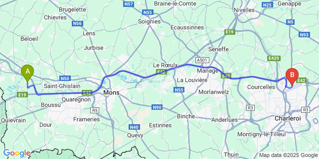 Map: Charleroi Airport Brussels South (CRL) to Ville-Pommeroeul