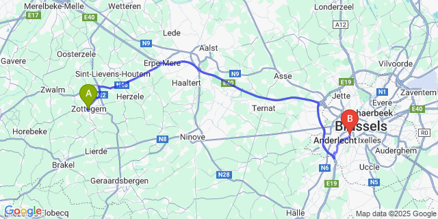 Map: Brussels Midi Train Station to Vloerzegem