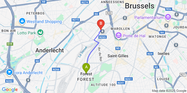 Map: Brussels Midi Train Station to Vorst-Forest
