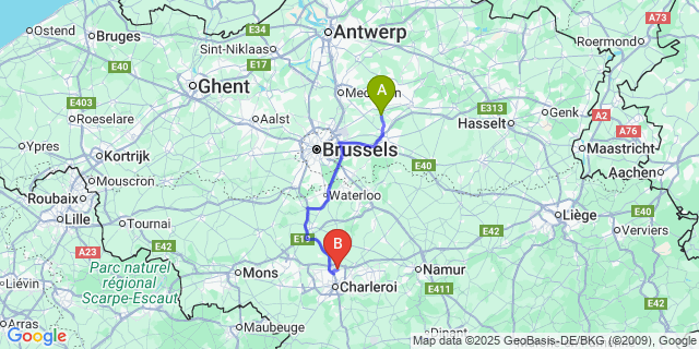 Map: Charleroi Airport Brussels South (CRL) to Wakkerzeel
