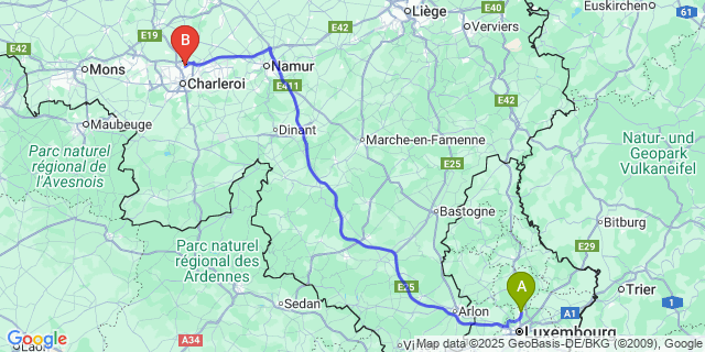Map: Charleroi Airport Brussels South (CRL) to Waltzing