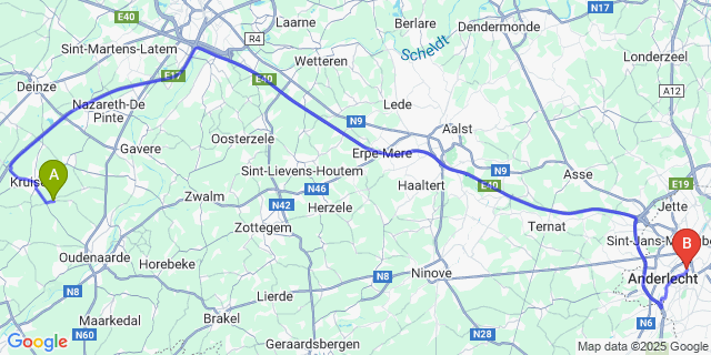 Map: Brussels Midi Train Station to Wannegem