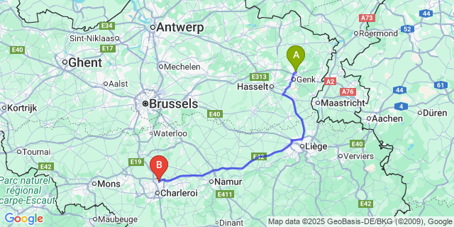 Map: Charleroi Airport Brussels South (CRL) to Waterschei