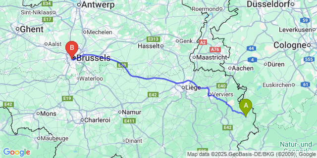 Map: Brussels Midi Train Station to Wirtzfeld