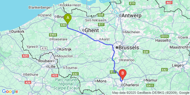 Map: Charleroi Airport Brussels South (CRL) to Woestijne