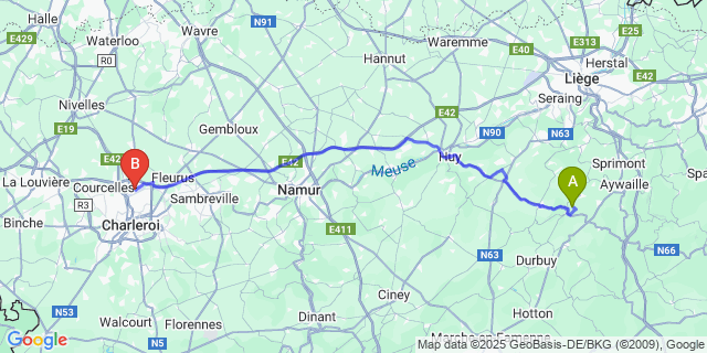Map: Charleroi Airport Brussels South (CRL) to Xhignesse