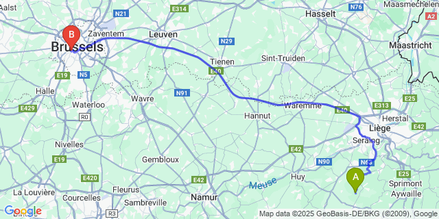 Map: Brussels Midi Train Station to Xhos
