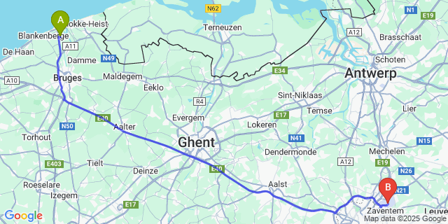 Map: Brussels Zaventem Airport (BRU) to Zwankendamme