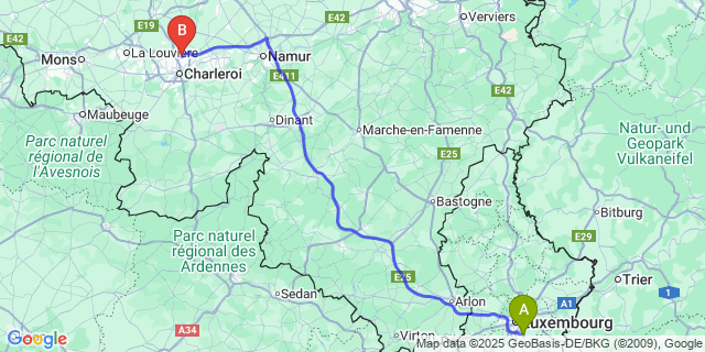 Map: Charleroi Airport Brussels South (CRL) to Alzingen
