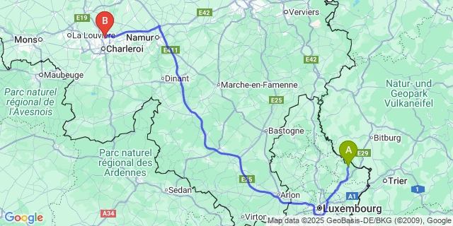 Map: Charleroi Airport Brussels South (CRL) to Berdorf