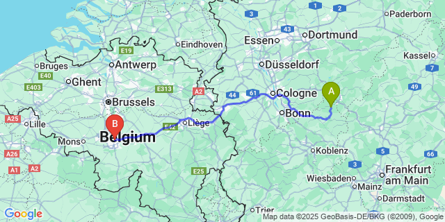 Map: Charleroi Airport Brussels South (CRL) to Betzdorf