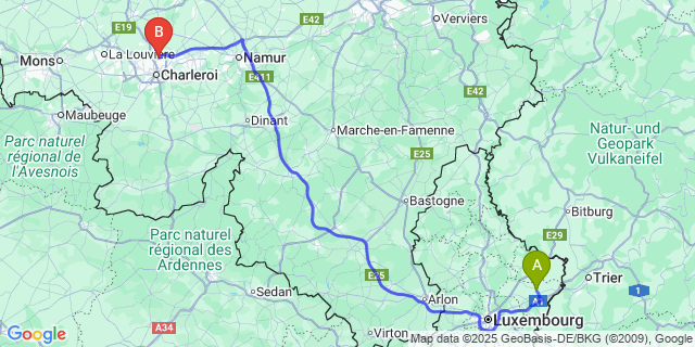 Map: Charleroi Airport Brussels South (CRL) to Biwer