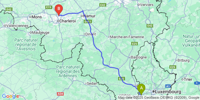 Map: Charleroi Airport Brussels South (CRL) to Kaerjeng