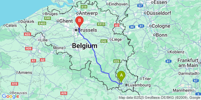 Map: Brussels Zaventem Airport (BRU) to Koerich
