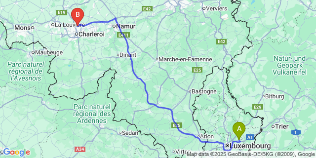 Map: Charleroi Airport Brussels South (CRL) to Niederanven