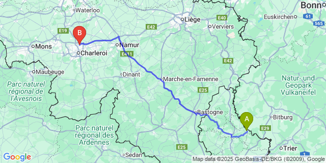 Map: Charleroi Airport Brussels South (CRL) to Reisdorf