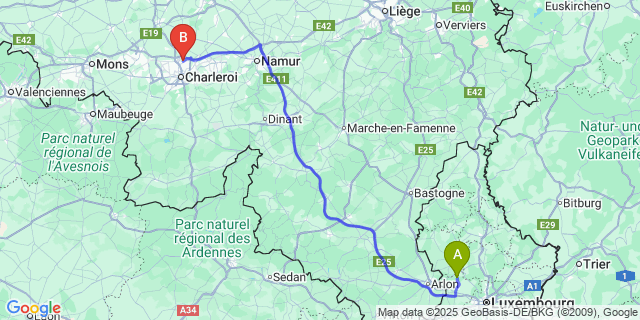 Map: Charleroi Airport Brussels South (CRL) to Septfontaines