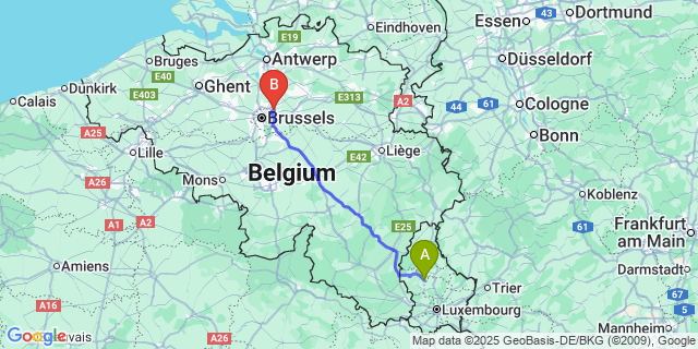 Map: Brussels Zaventem Airport (BRU) to Vichten
